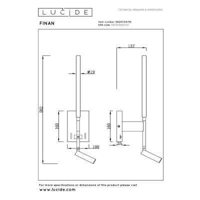 FINAN - Kinkiet - LED - 1x6W+1x3W 2700K - Z punktem ładowania USB - Czarny 68210/09/30 Lucide